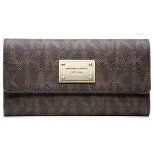 Michael Kors MK Signature Brown Coated Twill Flap Continental‎ Wallet